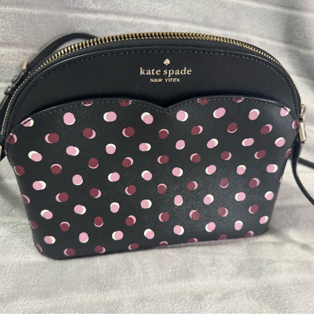 Kate Spade Payton Dome Crossbody Fiesta Zip Polka Dots Bag Black w/ Pink/Purple
